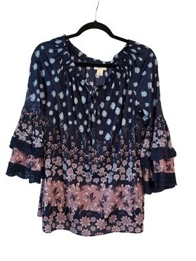 Style & Co. Navy and Pink Floral Peasant Blouse